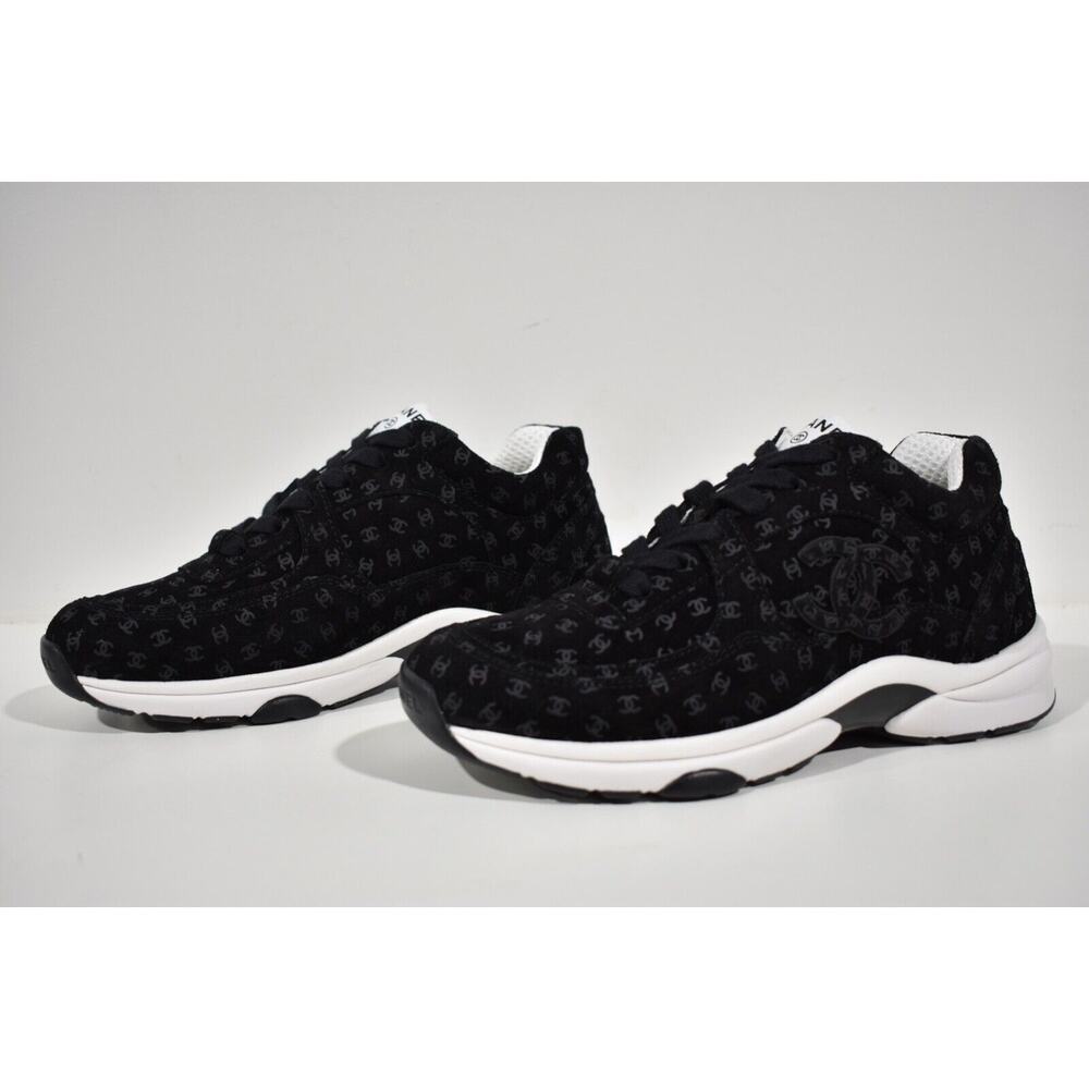 Chanel 22A Black Suede Printed CC Logo White Flat Runner Trainer Sneaker 36 - Picture 9 of 11